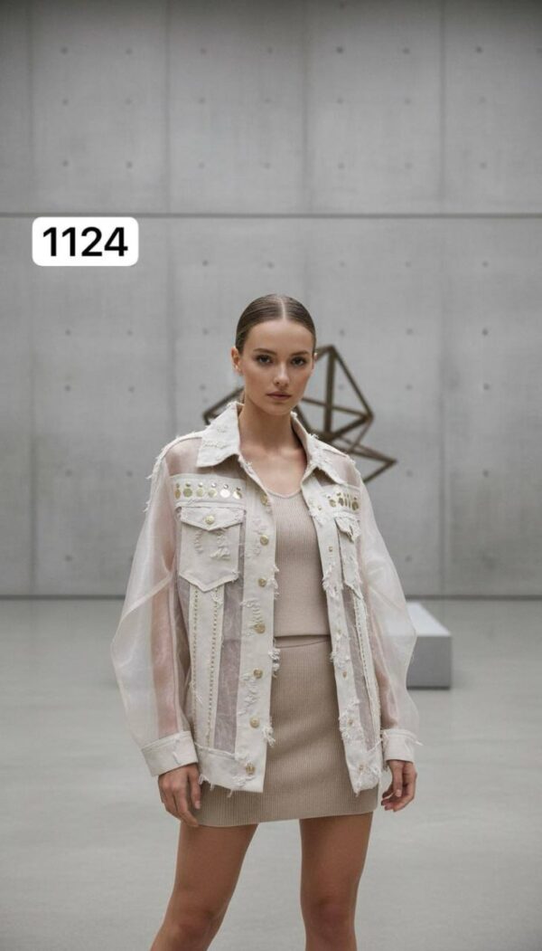 Sheer Panel Embellished Denim Style Jacket