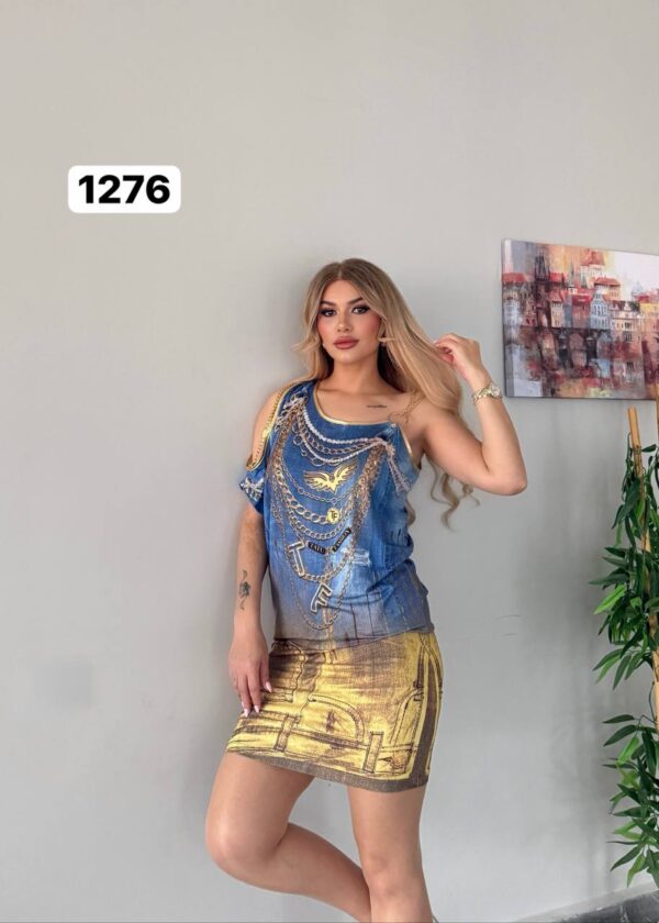 Wholesale Asymmetrical Denim & Chain Print Dress