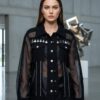 Sheer Panel Embellished Denim Style Jacket
