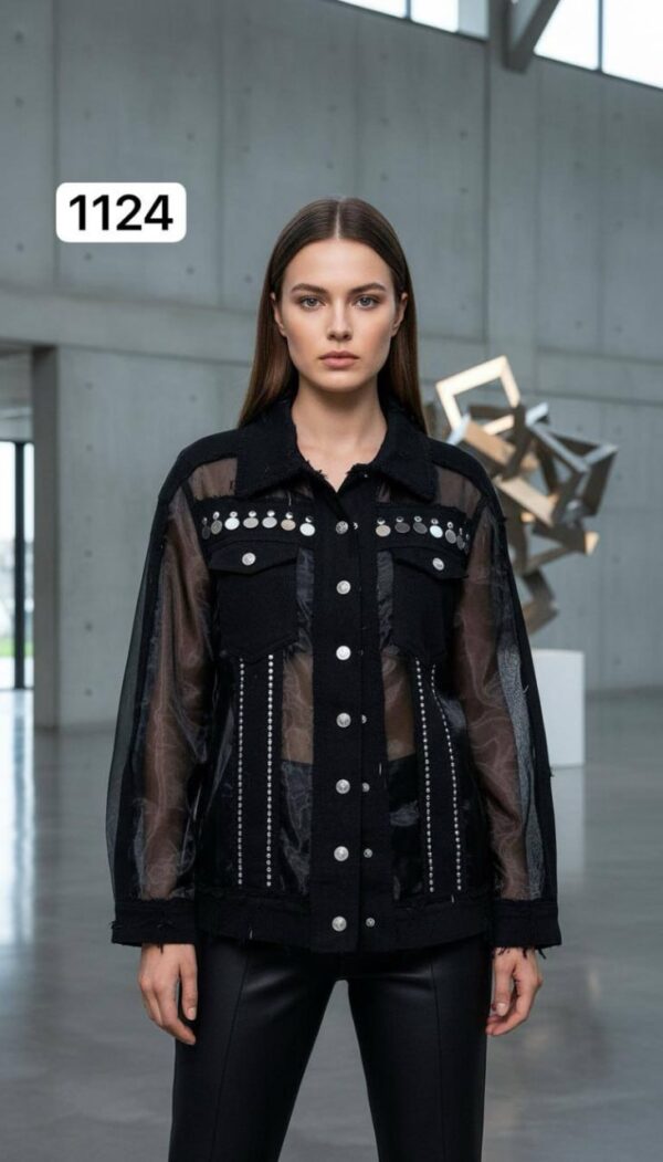 Sheer Panel Embellished Denim Style Jacket