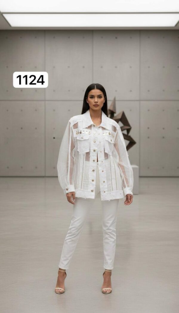 Sheer Panel Embellished Denim Style Jacket