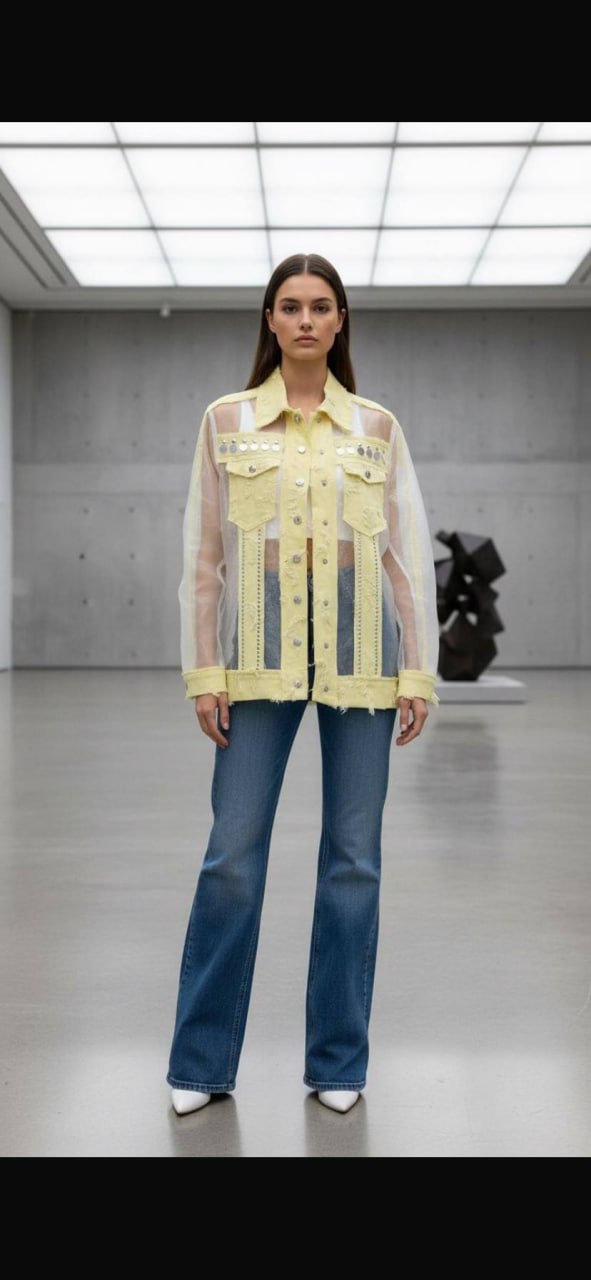 Sheer Panel Embellished Denim Style Jacket