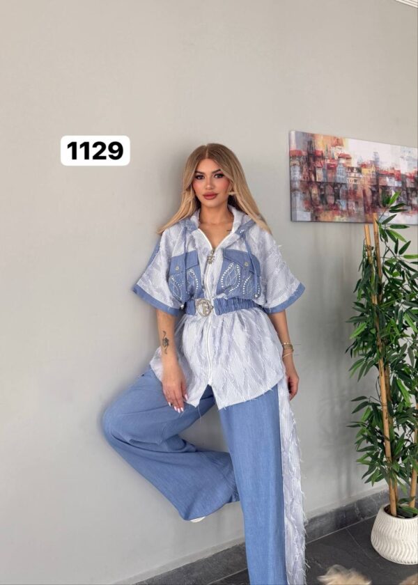 Embellished Denim & Stripe Two-Piece Set