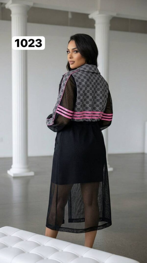 Monogram Print Mesh Duster with Sporty Stripes