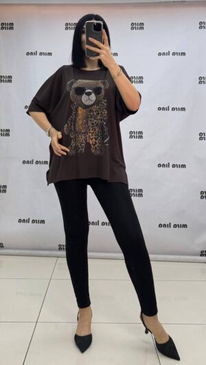 Embellished Leopard Bear Graphic Oversized Top
