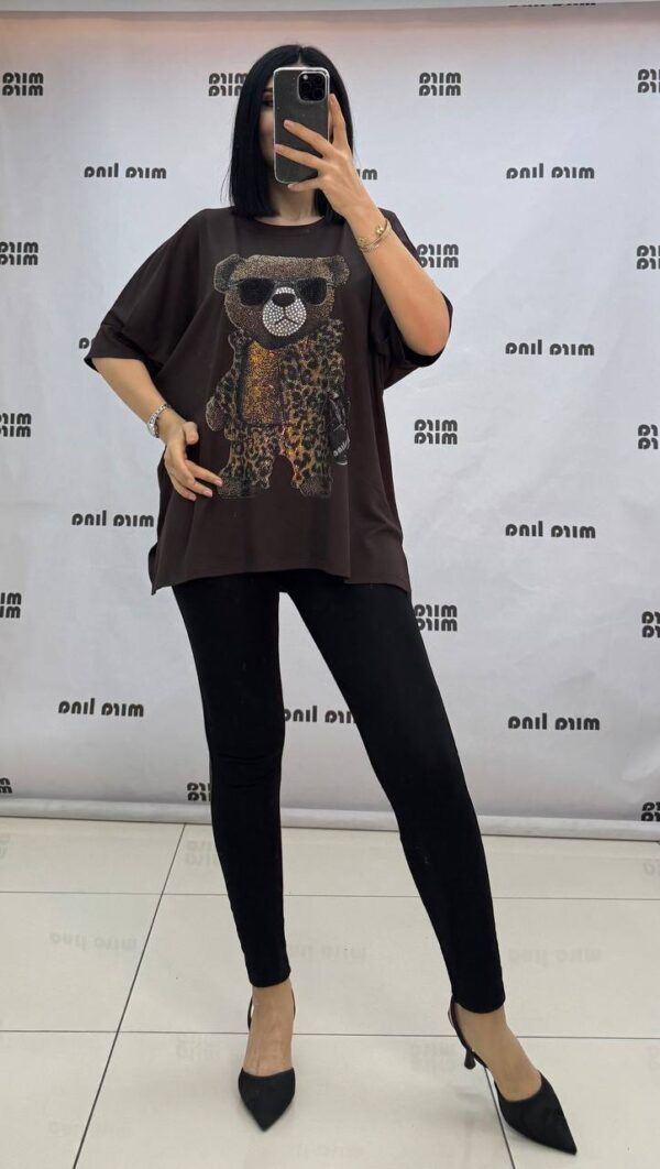 Embellished Leopard Bear Graphic Oversized Top