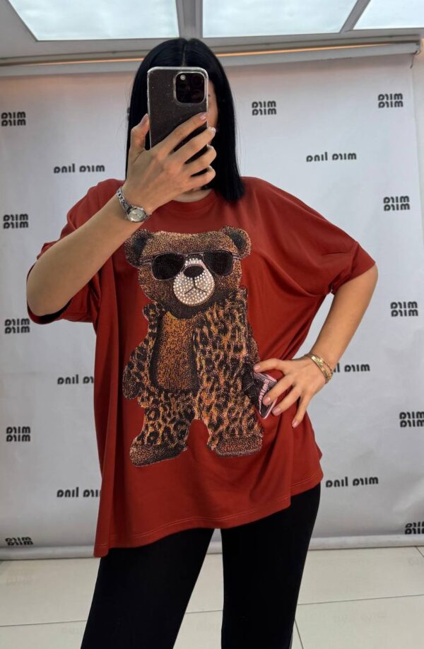 Embellished Leopard Bear Graphic Oversized Top