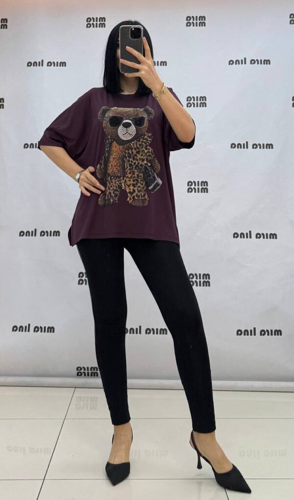 Embellished Leopard Bear Graphic Oversized Top