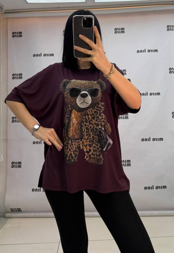 Embellished Leopard Bear Graphic Oversized Top