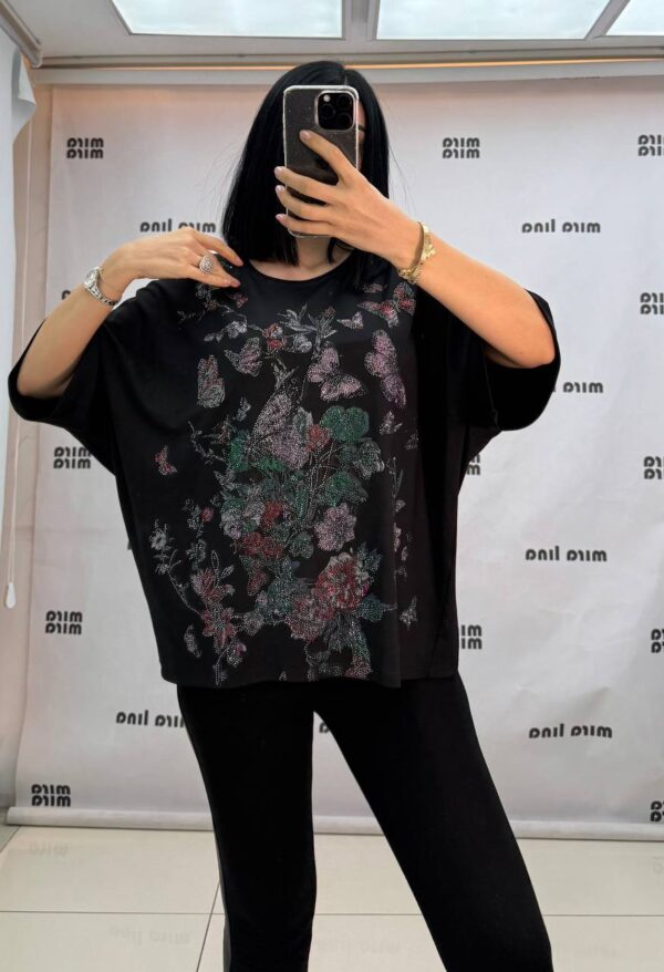 Rhinestone Floral & Butterfly Embellished Blouse