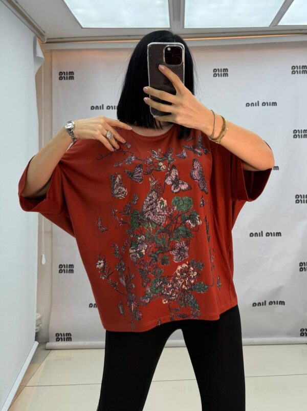 Rhinestone Floral & Butterfly Embellished Blouse