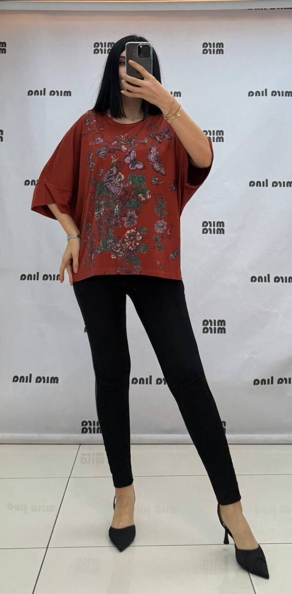 Rhinestone Floral & Butterfly Embellished Blouse