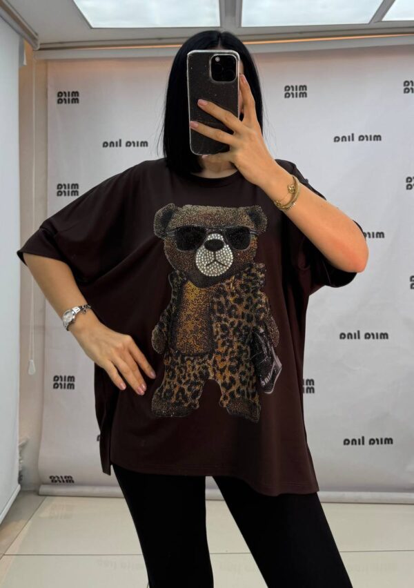 Embellished Leopard Bear Graphic Oversized Top