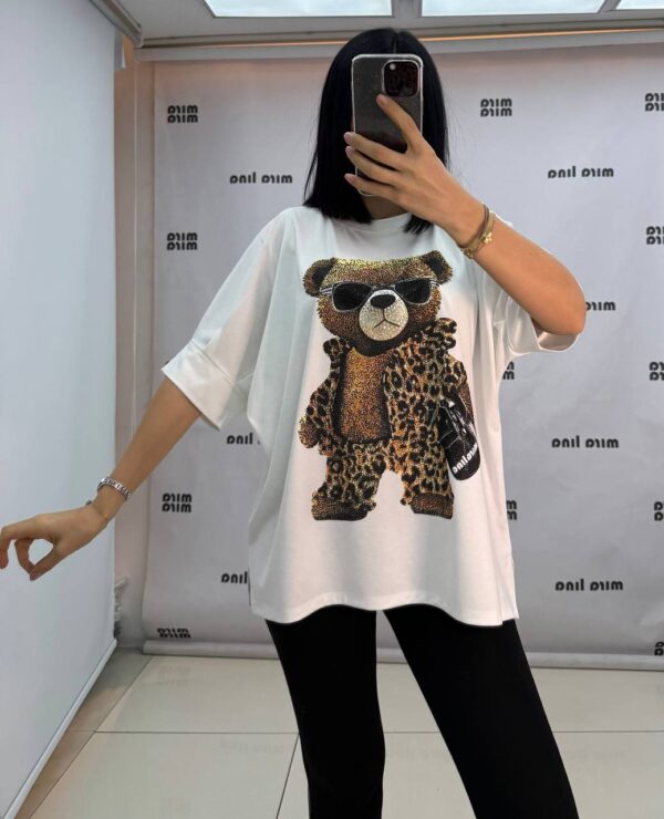 Embellished Leopard Bear Graphic Oversized Top