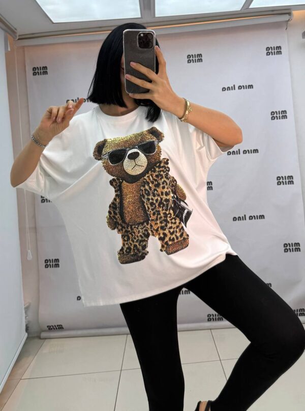 Embellished Leopard Bear Graphic Oversized Top