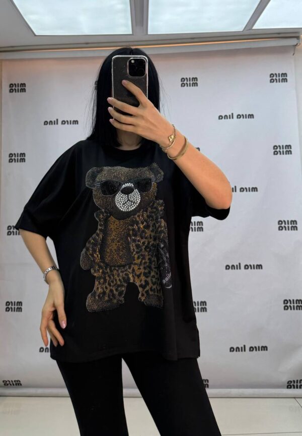 Embellished Leopard Bear Graphic Oversized Top