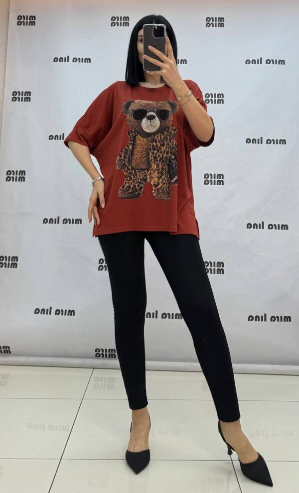 Embellished Leopard Bear Graphic Oversized Top