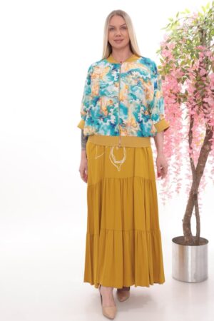 Artistic Print Bomber Jacket and Tiered Maxi Skirt Set