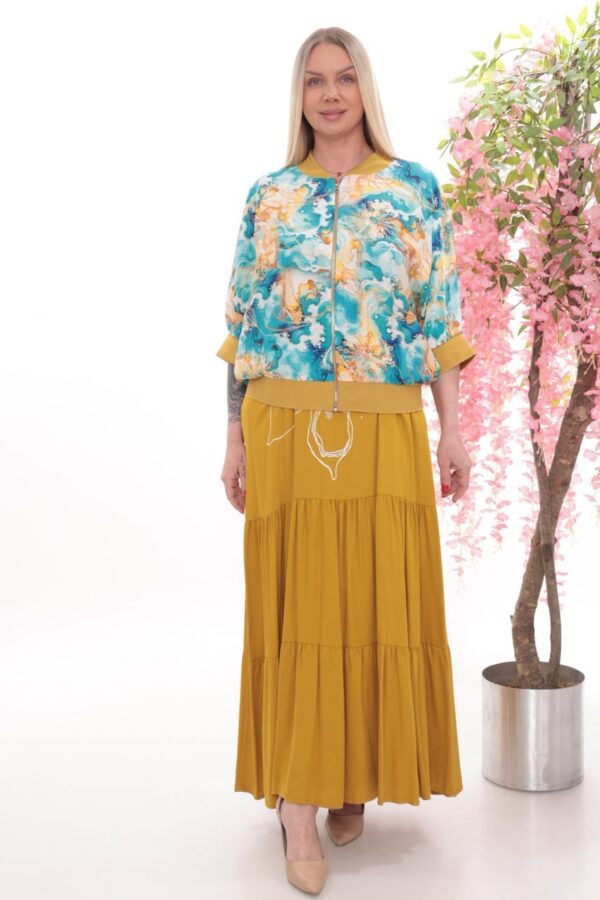 Artistic Print Bomber Jacket and Tiered Maxi Skirt Set