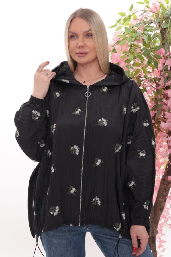 Floral Embroidered Crinkle Hooded Jacket