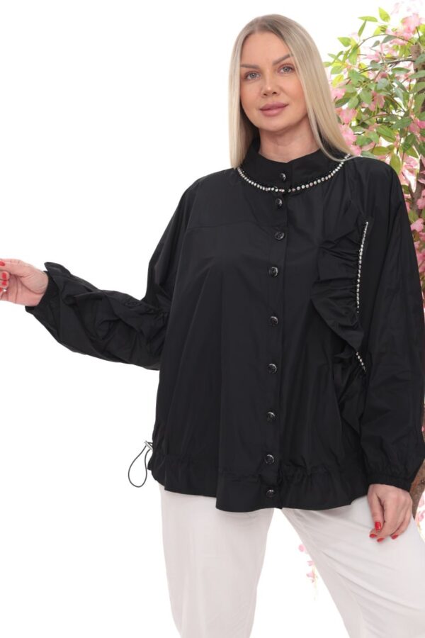 Jewel-Trimmed Ruffle Detail Blouson Jacket