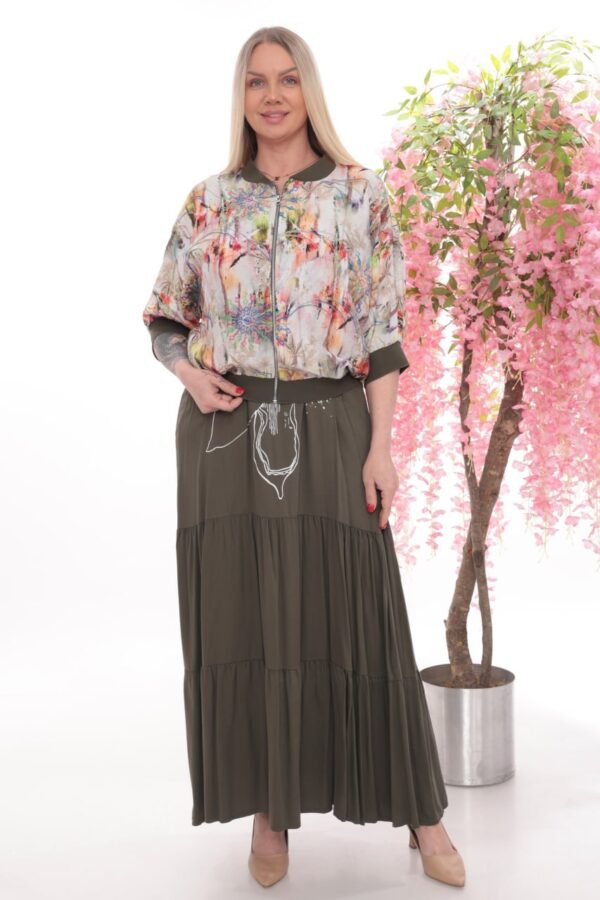 Artistic Print Bomber Jacket and Tiered Maxi Skirt Set