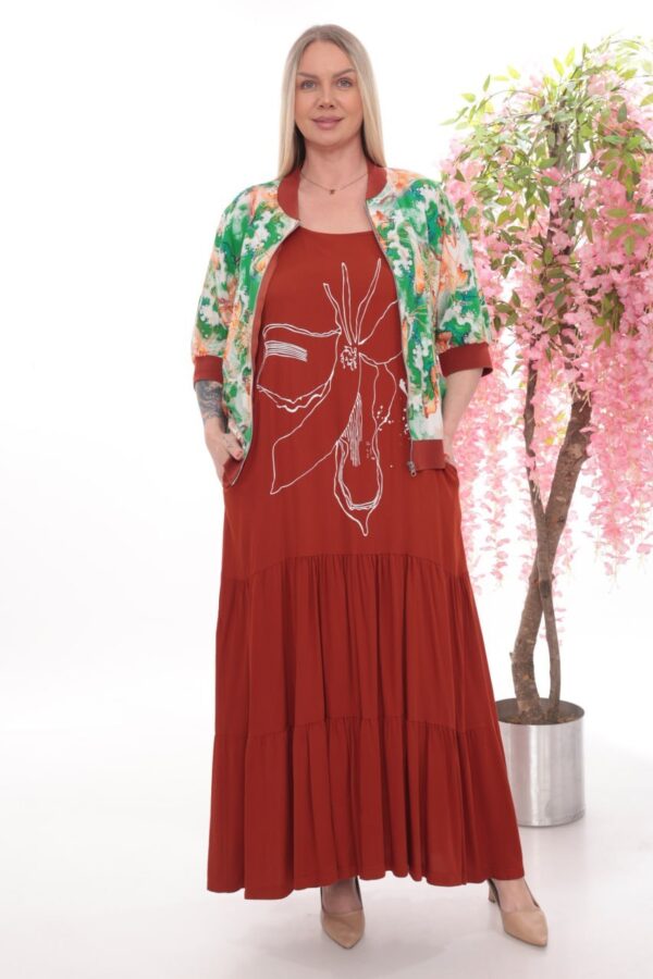 Artistic Print Bomber Jacket and Tiered Maxi Skirt Set