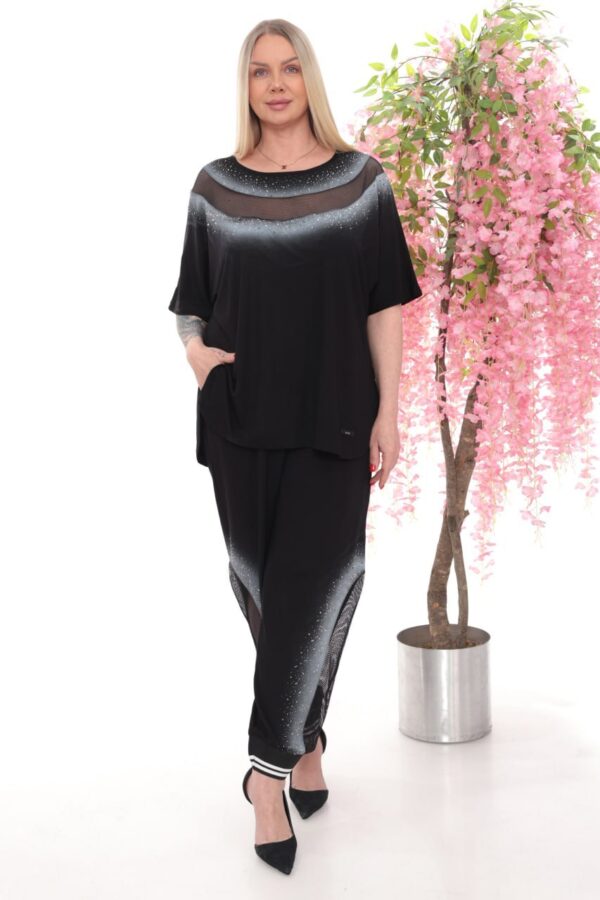 Rhinestone Embellished Mesh Panel Loungewear Set