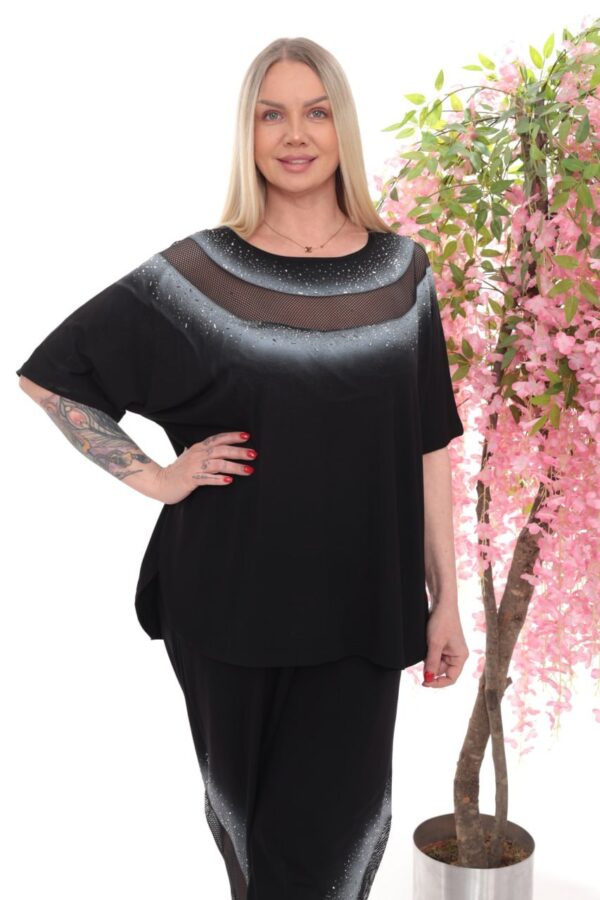 Rhinestone Embellished Mesh Panel Loungewear Set