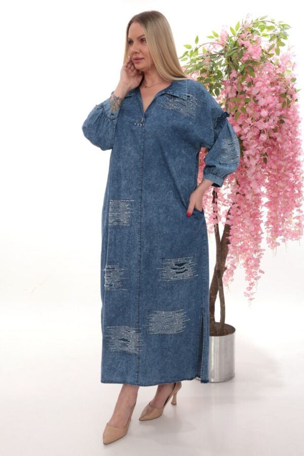 Rhinestone Embellished Distressed Denim Maxi Dress