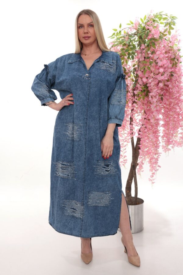 Rhinestone Embellished Distressed Denim Maxi Dress