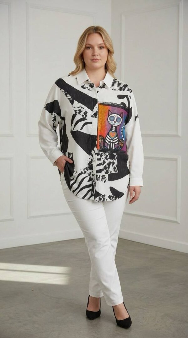 Wholesale Plus-Size Abstract Print Tunic with Cat Art Patch
