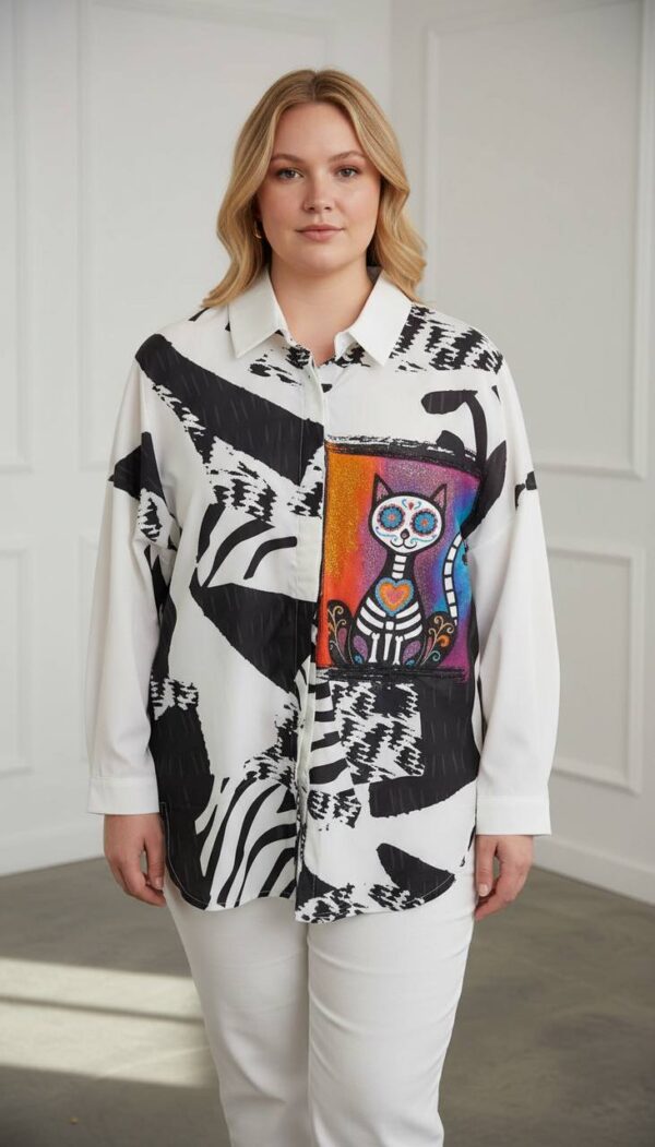 Wholesale Plus-Size Abstract Print Tunic with Cat Art Patch