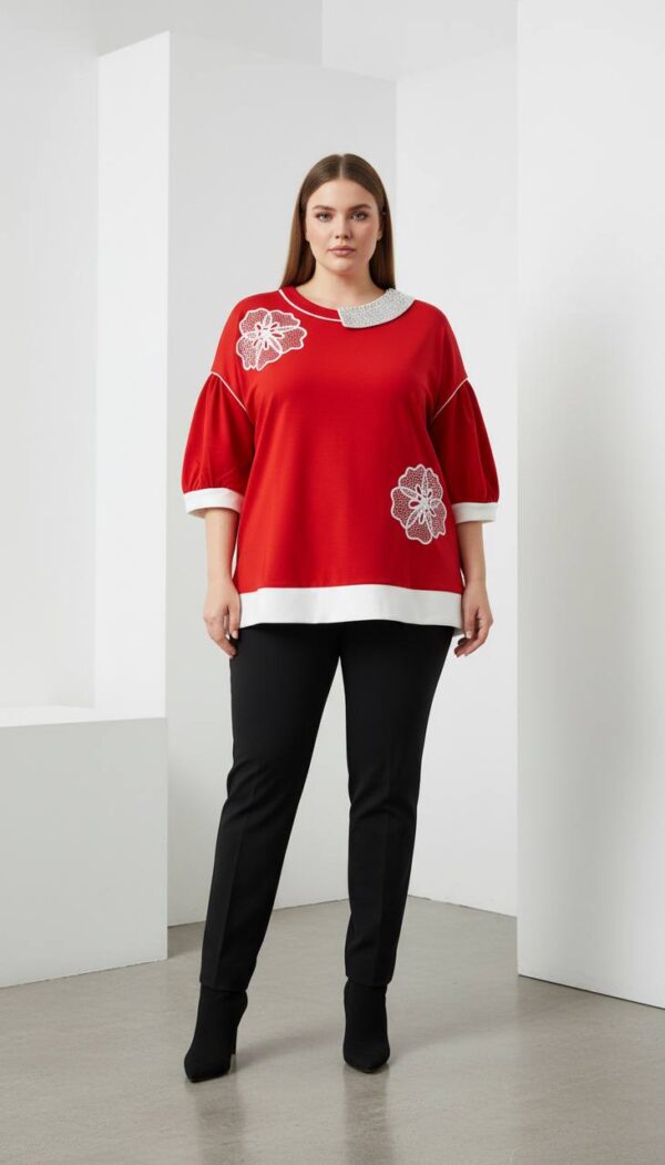 Embellished Asymmetrical Collar Tunic with Floral Appliqué