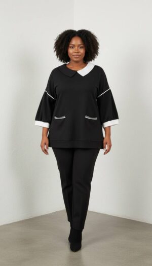 Contrast Collar Wide-Sleeve Tunic Blouse