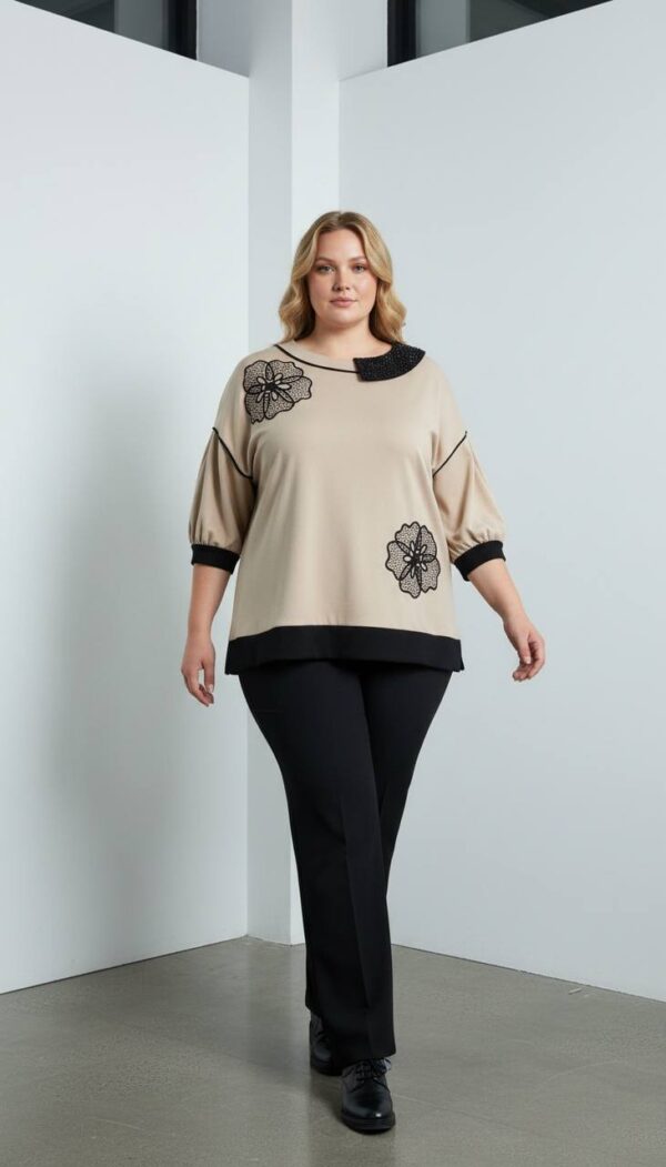 Embellished Asymmetrical Collar Tunic with Floral Appliqué