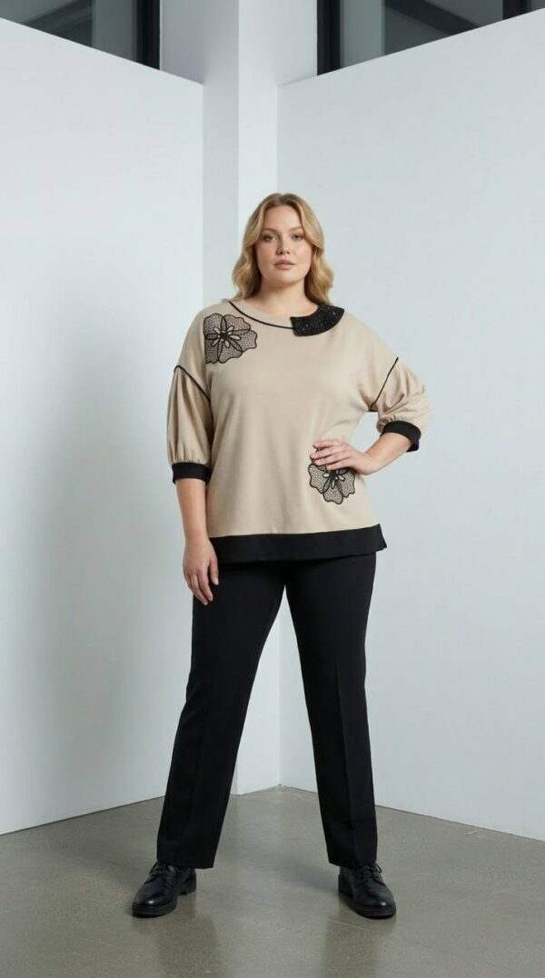 Embellished Asymmetrical Collar Tunic with Floral Appliqué