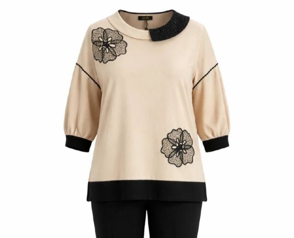 Embellished Asymmetrical Collar Tunic with Floral Appliqué