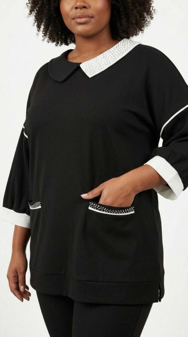 Contrast Collar Wide-Sleeve Tunic Blouse