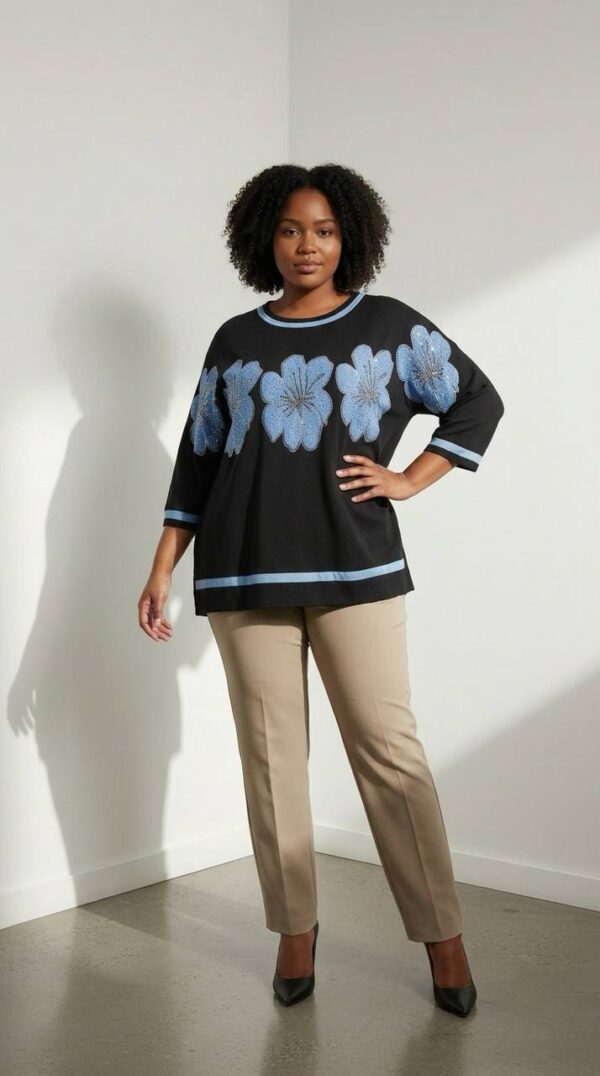 Floral Applique Three-Quarter Sleeve Tunic