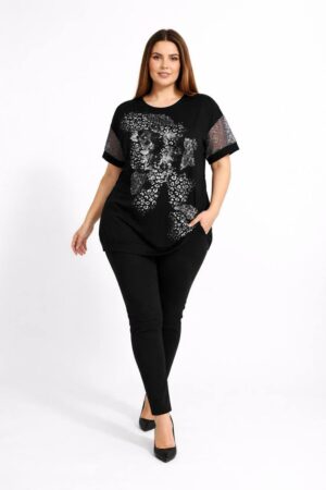 Elegant Black Animal Print Blouse with Mesh Sleeves