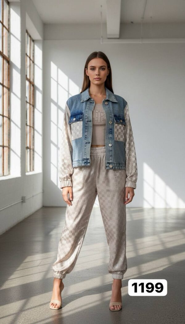 Denim & Checkered Jacquard Two-Piece Set