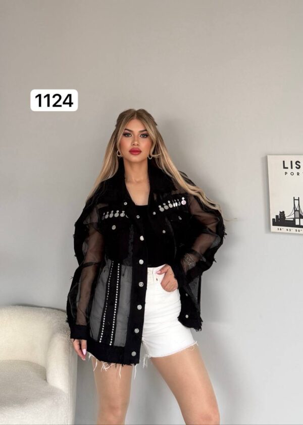 Sheer Panel Embellished Denim Style Jacket