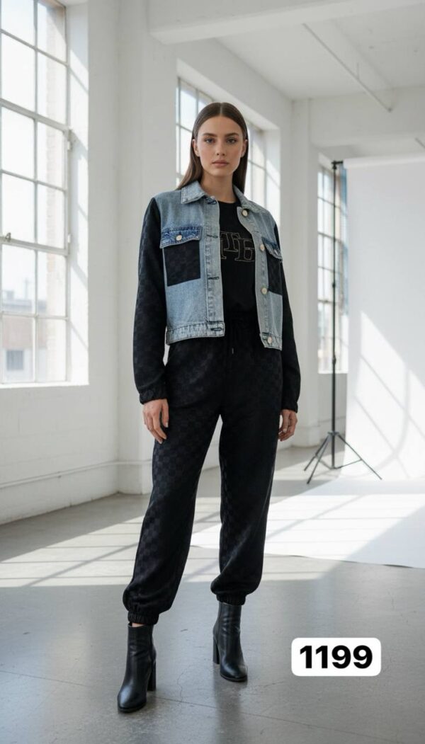 Denim & Checkered Jacquard Two-Piece Set