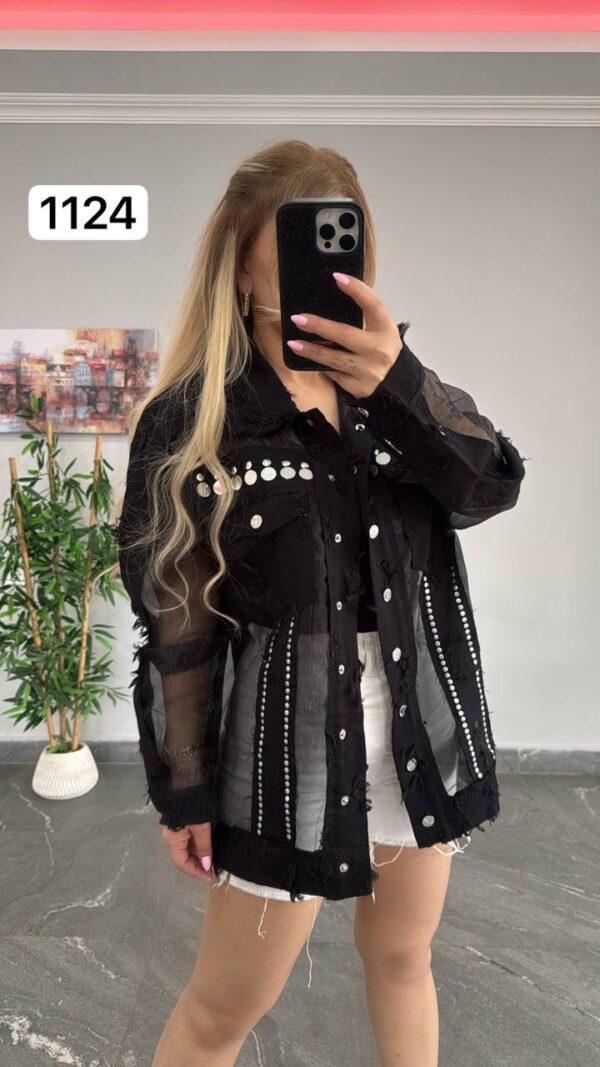 Sheer Panel Embellished Denim Style Jacket