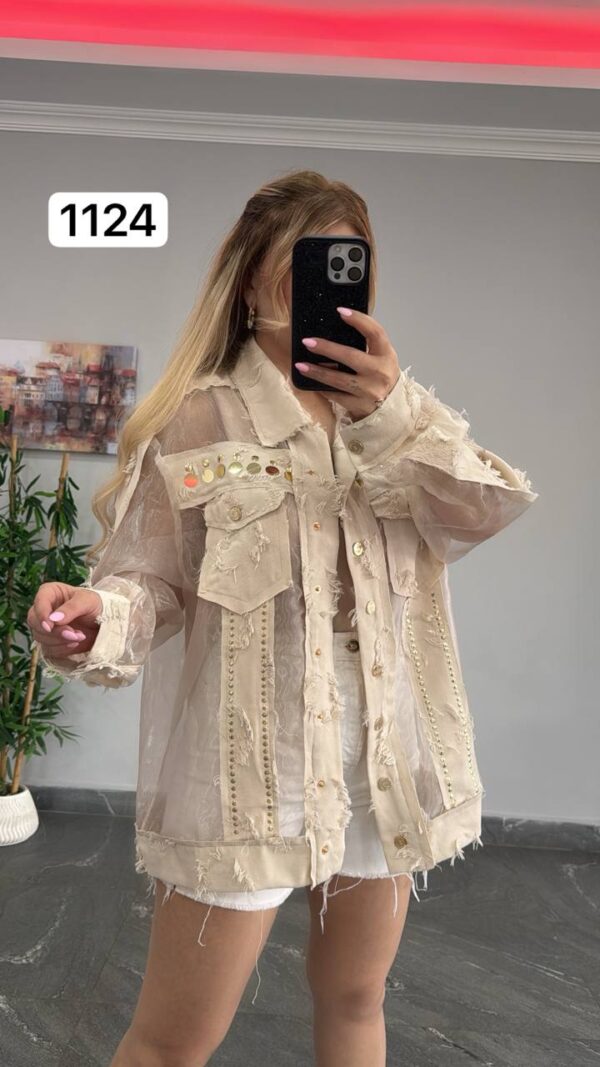 Sheer Panel Embellished Denim Style Jacket