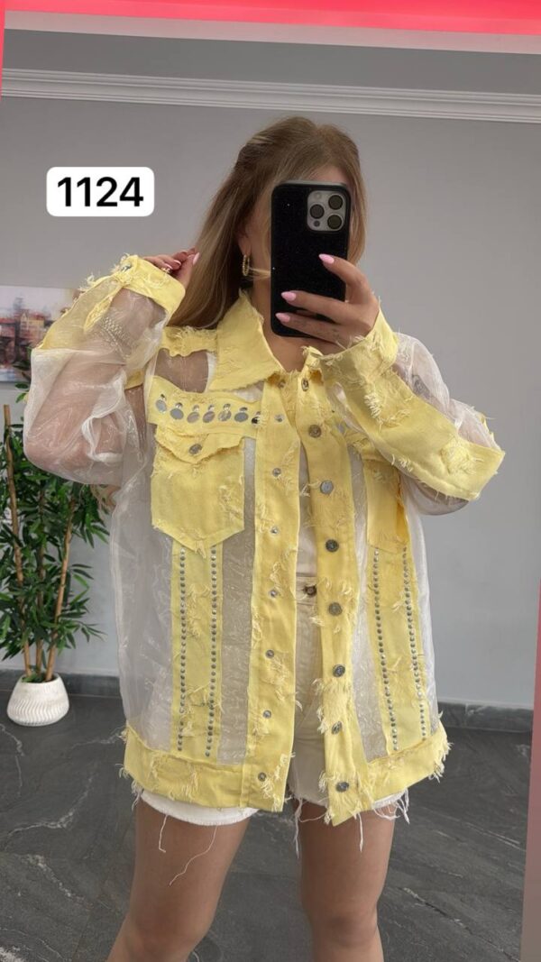 Sheer Panel Embellished Denim Style Jacket