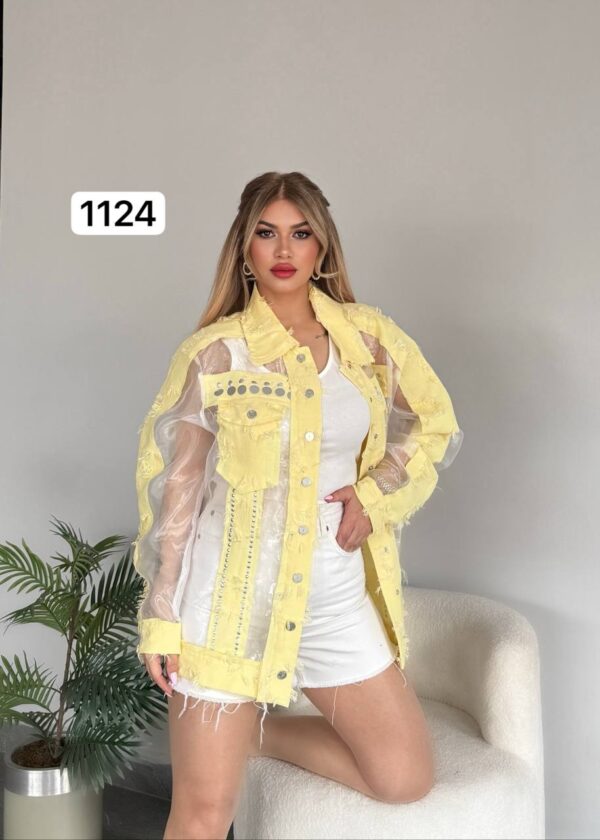 Sheer Panel Embellished Denim Style Jacket