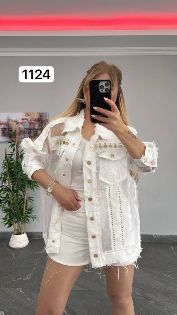 Sheer Panel Embellished Denim Style Jacket