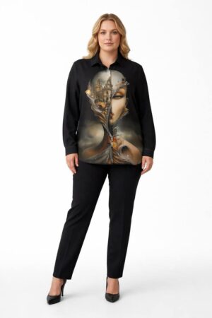 Artistic Graphic Print Button-Up Blouse